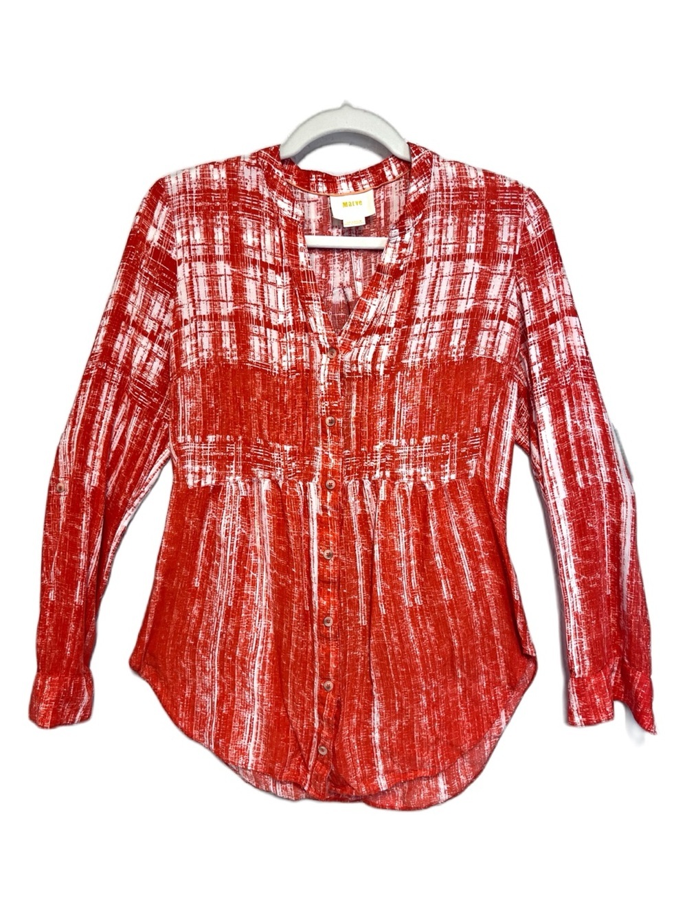 Maeve Anthropologie Calia Orange White Pleated Button-Down Long Sleeve Shirt Top